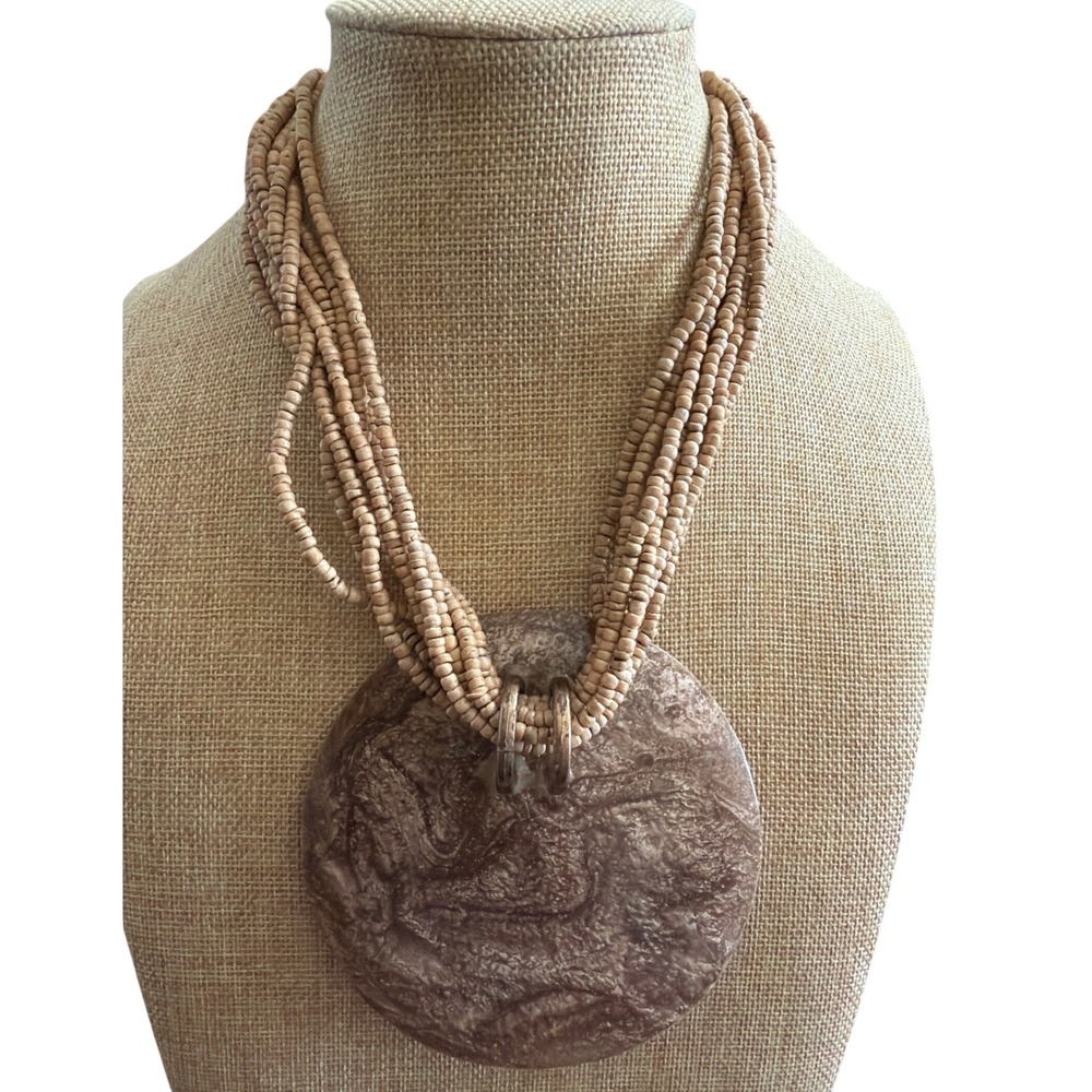 Chunky Boho Multi Strand Seed Bead Necklace Large Textured Resin Pendant Tan
